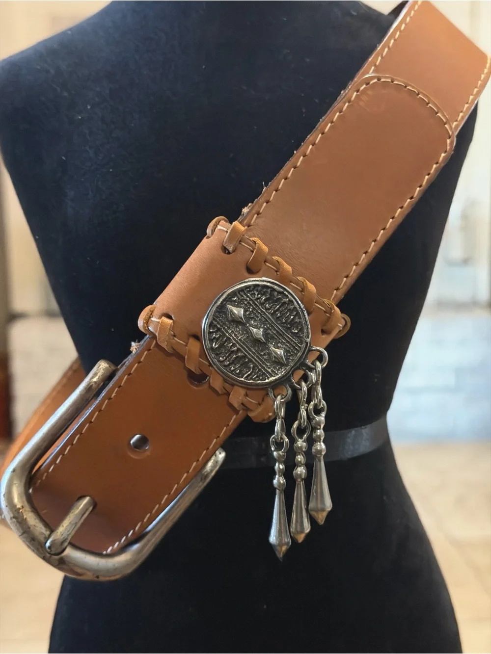 USA Made Brown Leather Belt Southwestern Italian Buckle Embellishment Medium